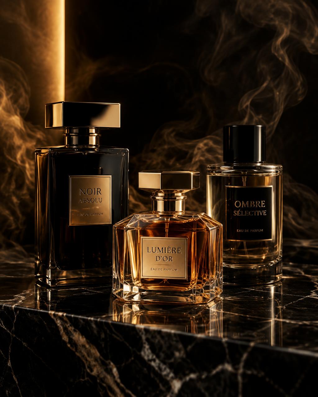 Perfume bottles on black marble